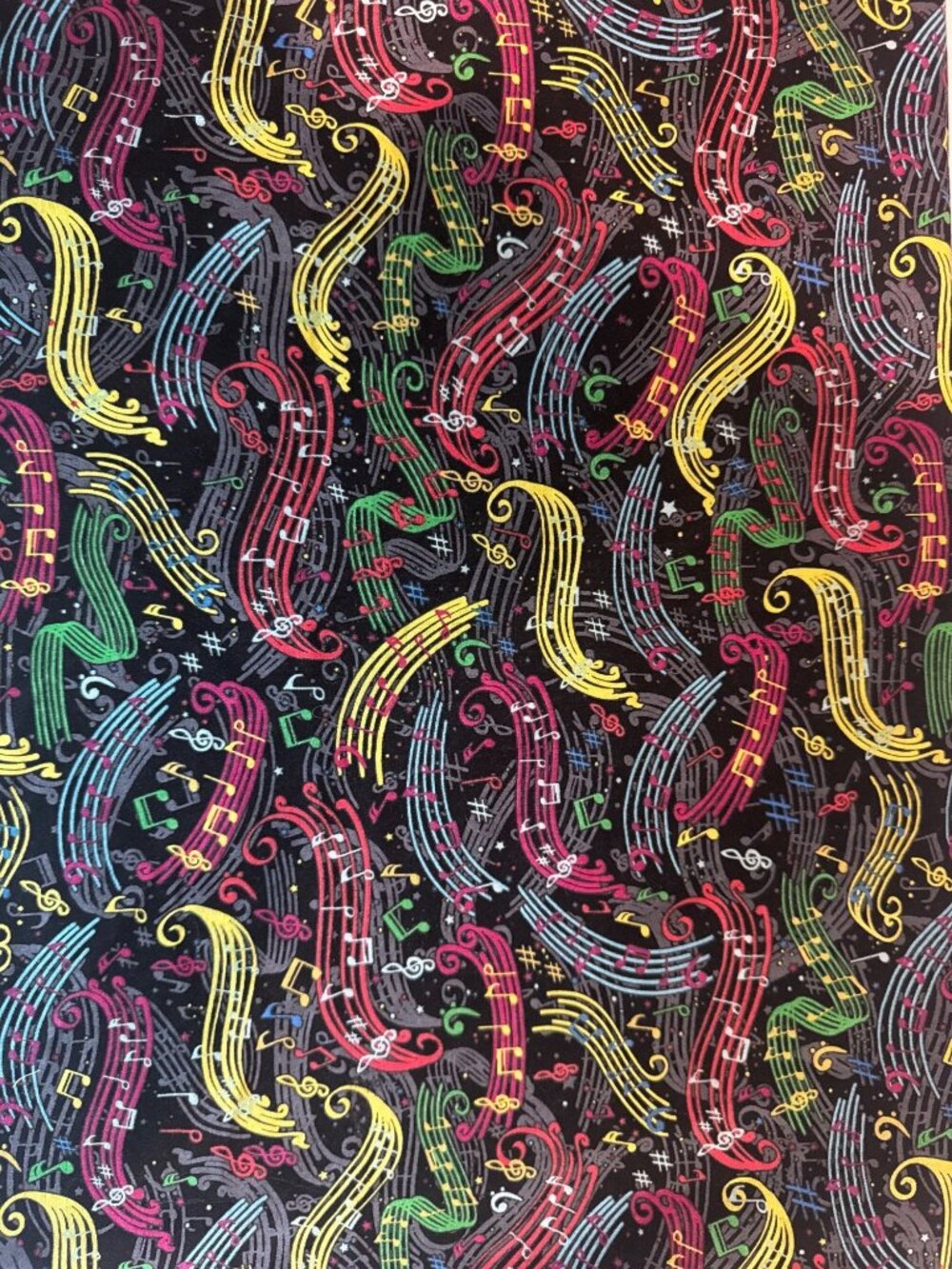 JoAnn Fabric Black/Multicolor Cotton Musical Notes 26" x 42" Quilting Crafts